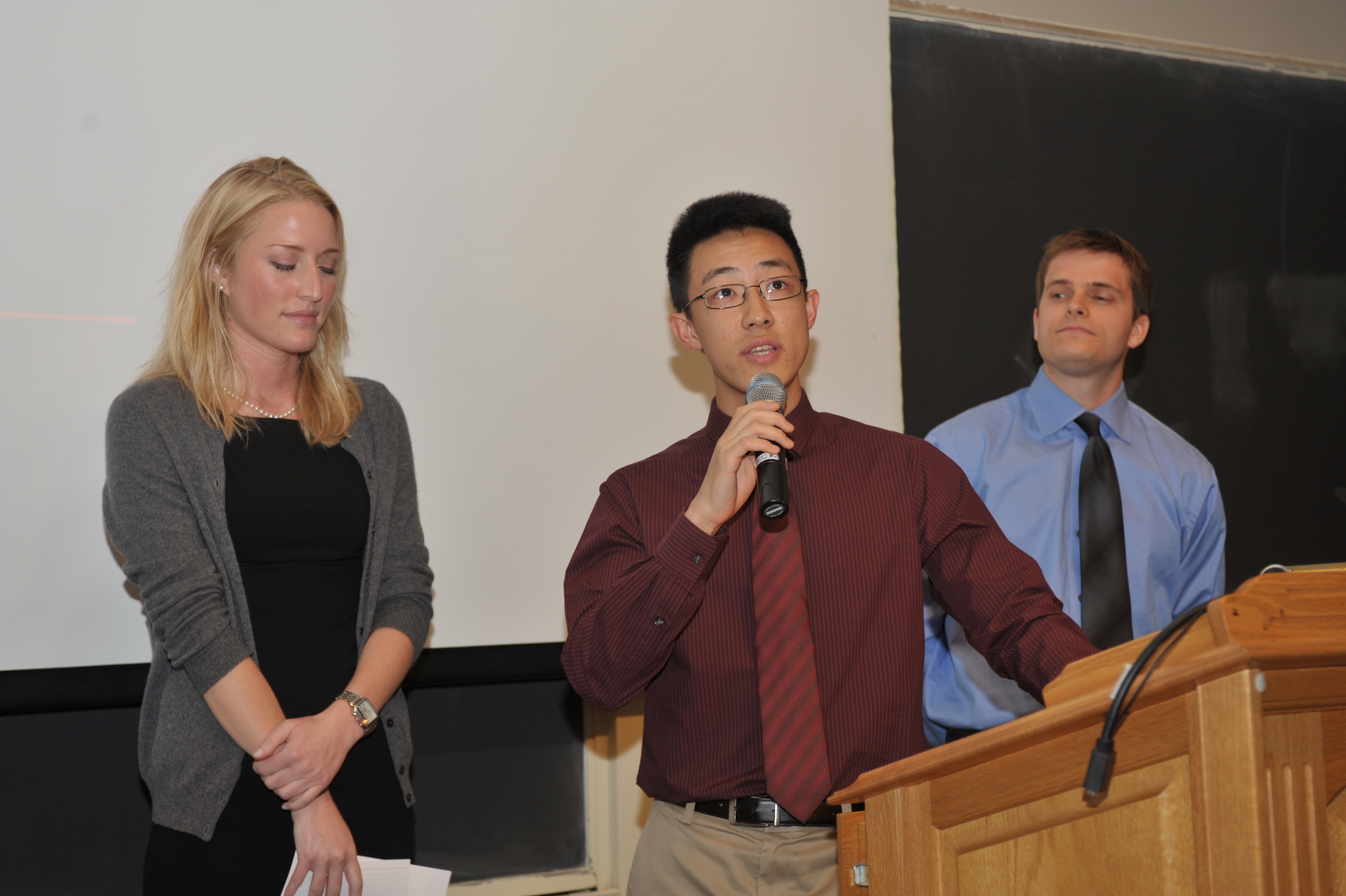 Charles Liu '15 giving introductory remarks with Morgan Freret '15 and Andrew Stamm '15. The voice of the students who nominated teachers were heard by the selection committees. Photo by Steve Gilbert.