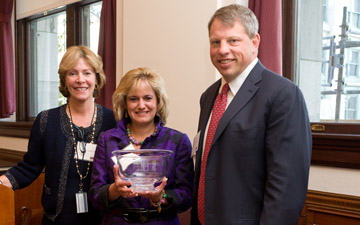 Nancy J. Tarbell, MD, dean for academic and clinical affairs at HMS, celebrates the professorship with Denise and David Bunning