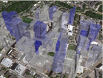 SPACE ODYSSEYS: The research team found that, in general, intra-building collaborative studies received higher citation rates. In this schematic, each building’s height reflects its average number of publication citations, and the color reflects the degree of authors’ co-location, from high (blue) to low (gray). <br/>Photo by Kyungjoon Lee 