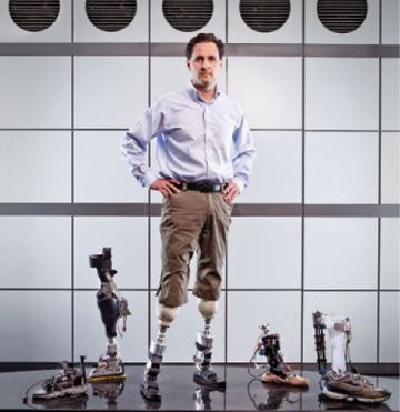 MARVELS OF ENGINEERING: After severe frostbite in a mountaineering mishap led to amputations when he was a teen, Hugh Herr became interested in prosthetic engineering. He is now the holder or co-holder of more than a dozen patents related to assistive devices, including those for a computer-controlled artificial knee, an ankle–foot orthosis, and the world’s first powered ankle–foot prosthesis. <br/>Photo by Photo by Shawn G. Henry