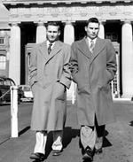 BOND OF BROTHERS: Richard (left) and Ronald Herrick leave Peter Bent Brigham Hospital less than a month after the historical kidney transplant. Richard lived for eight years after receiving his brother’s donation; Ronald died last December in Augusta, Maine at the age of 79.<br/>Photo by Associated Press