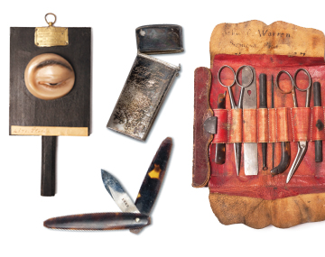 PERIPATETIC PHYSICIANS: Before there were computer-generated images of the human body and disposable instruments, there were hand-crafted anatomical models, often collected from abroad, and tortoise-handled lancets kept in engraved silver cases that physicians would carry when visiting patients. The model and instruments shown here include (from left): a wax model of an eye with ptosis (c. 1875); a silver <i>etui</i> containing a tortoise-shell thumb lancet (c. 1854); and a pocket medical kit owned by John Collins Warren, first dean of HMS (1816–1817). All objects courtesy of the Warren Anatomical Museum at the Countway Library of Medicine. </br> Photo credit: Paul Morrison