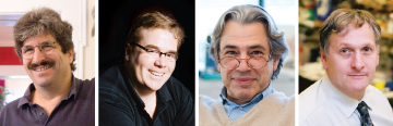 ROGUES GALLERY: Although Clifford Tabin (far right to left) and colleagues Spyros Artavanis-Tsakonas, and David Van Vactor celebrate the license given to those who name genes in fruit flies, Gary Ruvkun respects the logic found in the naming conventions used for nematode genes. </br>Photo credits:  Kris Snibbe/Harvard News Service (Ruvkun); Graham Gordon Ramsay (Van Vactor and Tabin); Gintaras Sekmokas (Artavanis-Tsakonas)