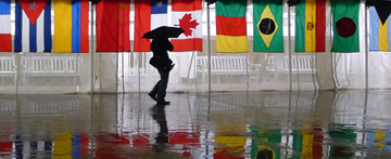 A colorful traverse across campus brightens a rainy, gray day as the countdown to graduation continues<br></br>Photo by Jake Miller