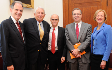 Above, left to right: Martin A. Samuels, MD, chairman of the Department of Neurology at BWH and professor of Neurology at HMS; Wimberly; Daffner; Dean Jeffrey S. Flier, MD; and Betsy Nabel, MD, president of BWH and professor of medicine at HMS, celebrate the Wimberly Professorship at the April event.
