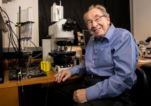 A photo of Ed Kravitz in a blue shirt sitting in front of a microscope at a lab bench