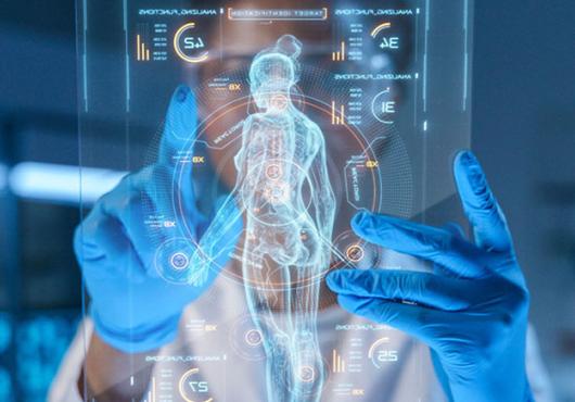 A human physician looking at AI on a tablet