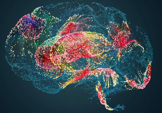 An abstract drawing of a teal brain with bright patches of color