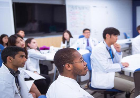 Medical students listen to a lecture.