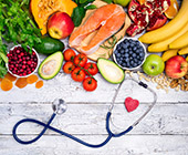 fruits, veggies, stethoscope and heart