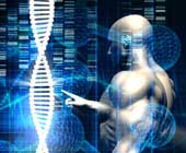 Illustration of robot-like figure touching DNA strand