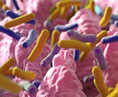 colorful illustration of intestinal villi and bacteria