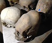 Photo of gravesite taken from above shows a skeleton and pots with a measuring stick