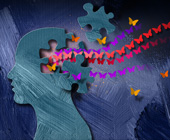 Abstract illustration of a silhouetted hed with a puzzle piece missing and butterflies streaming out