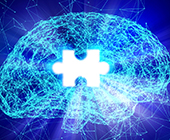 bright blue illustration of a brain with puzzle piece missing