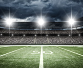 football stadium showing 50 yard line, crowd in seats and lights