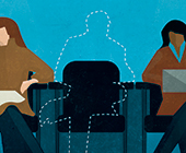 illustration of an invisible, outlined person with two other visible people