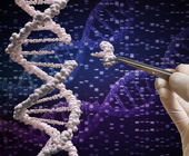 digital illustration of genetic manipulation showing hand with tweezer and DNA strand