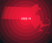 A map of Massachusetts in red labeled COVID-19