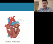 screengrab of Chang giving presentation and slide with a graphic of a heart showing diastolic heart failure