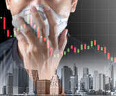 digital composite of a city scape, graph and person holding mask to face
