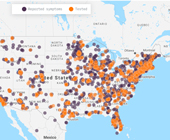 screen grab of map of US showing people who have reported symptoms from COVID Near You website