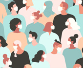 Artistic rendering of a diverse group of people wearing protective face masks