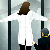 Illustration of a women getting a white coat tailored