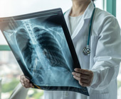 white female physician looking at a chest X-ray