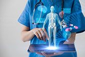 physician holding digital hologram of human anatomy