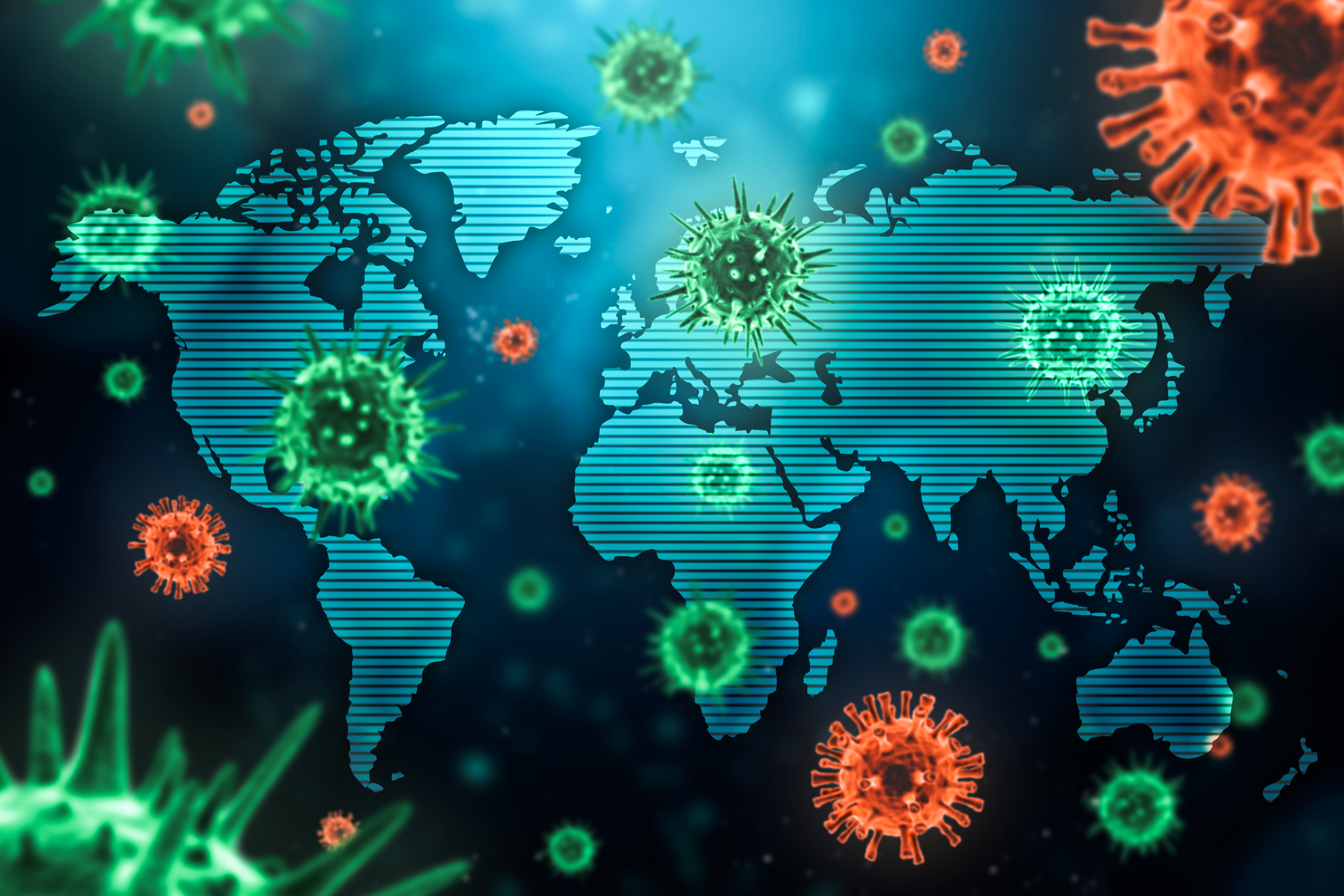Light blue digital map of the world overlaid with colorful coronavirus cells