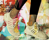 Digital collage showing woman's feet in sneakers