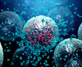 digital illustration of antibodies destroying a cell infected by a virus