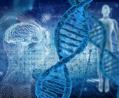 digital illustration with overlays of DNA, human brain and body with background of connecting dots 