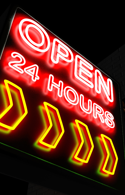 Neon sign advertising open 24 hours
