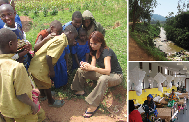collage of female doctor and group of young children looking at image on a mobile phone, a photo of a river running amid plentiful vegetation, women seated on sides of beds in a rural clinic