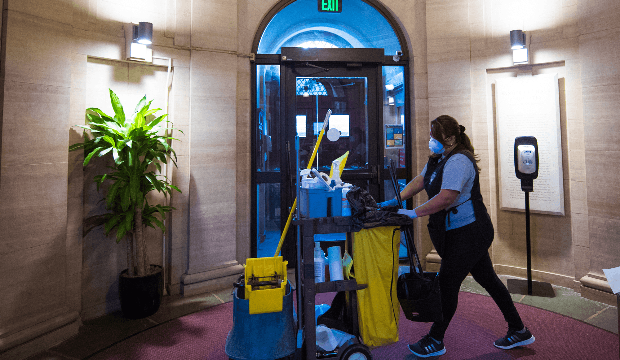a member of the essential personnel staff working in Vanderbilt Hall during its closure