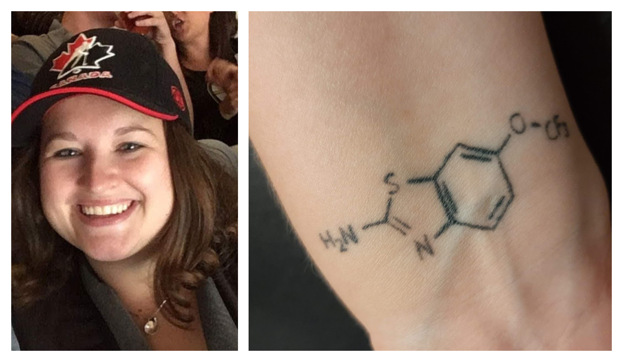 Photo collage of Lauren Mifflin and her tattoo of a chemical structure of riluzole, an ALS medication