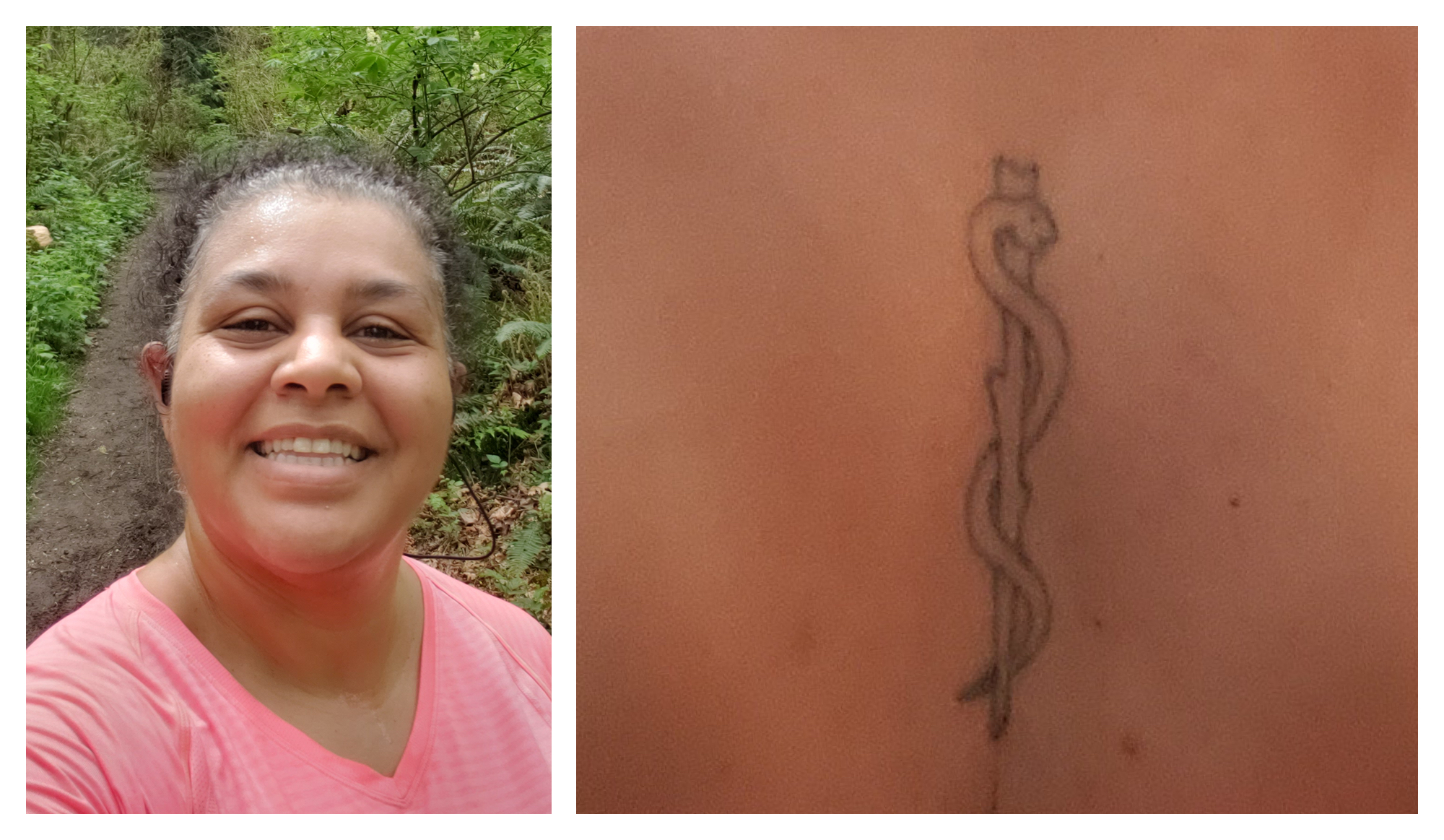 Photo collage of Samara Peters and her tattoo of the Rod of Asclepius