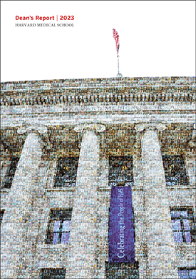 Cover of the 2023 Harvard Medical School Dean's Report featuring a mosaic of Gordon Hall made up of portraits of the HMS community.