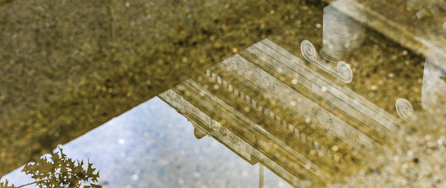 The Gordon Hall of Medicine is mirrored in a puddle on the Quad on a rainy day in August.