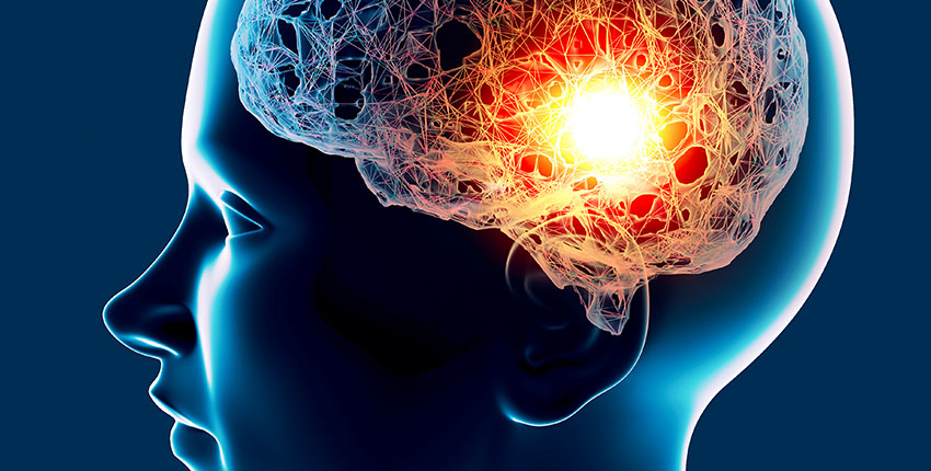 Digital illustration of human head in profile, with the brain illuminated
