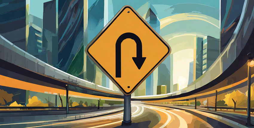 An illustration of yellow U-turn sign on a curved highway