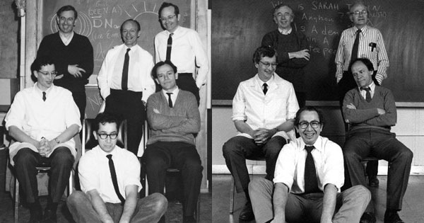 Side-by-side black and white photos of the founders of the neurobiology department at two different points in time