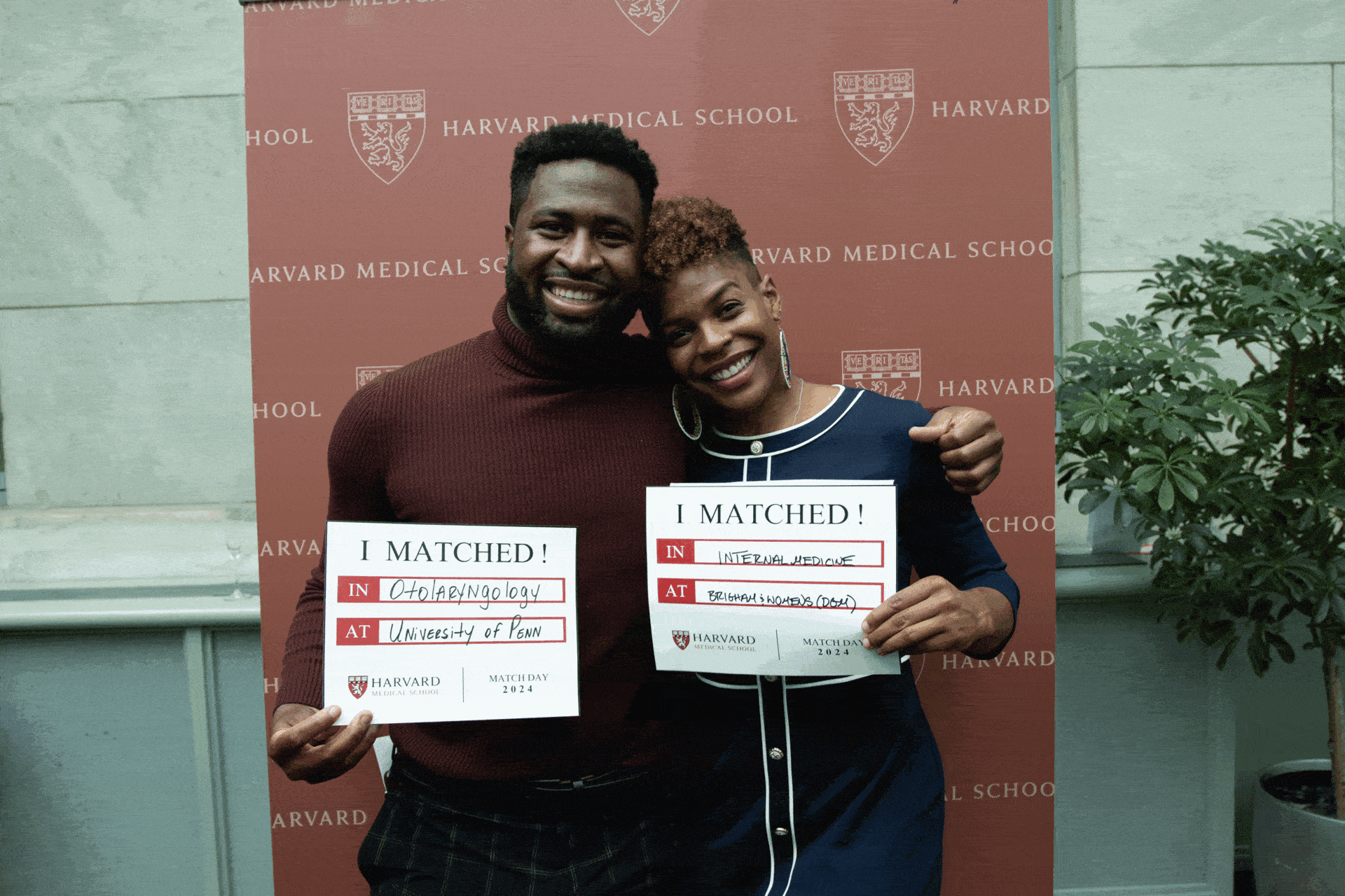 Rotating images of photos with 1-2 MD students holding I Matched! signs in front of a Harvard Medical School step-and-repeat backdrop