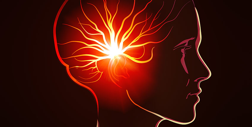 Illustration of a human brain with lighted signaling pathways