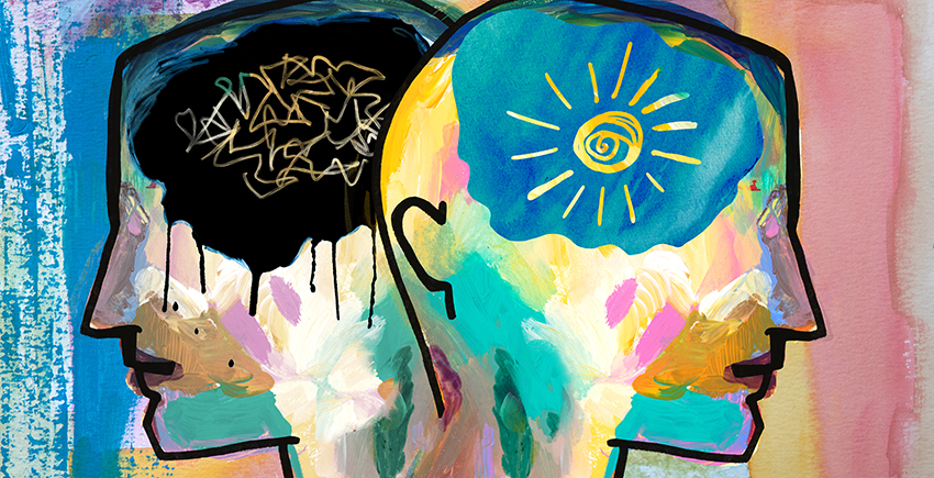 Artwork depicts two silhouetted heads facing away from each other. One has a dark cloud with scrambled lines in it where the brain would be, representing low mood. The other head has a shining sun.