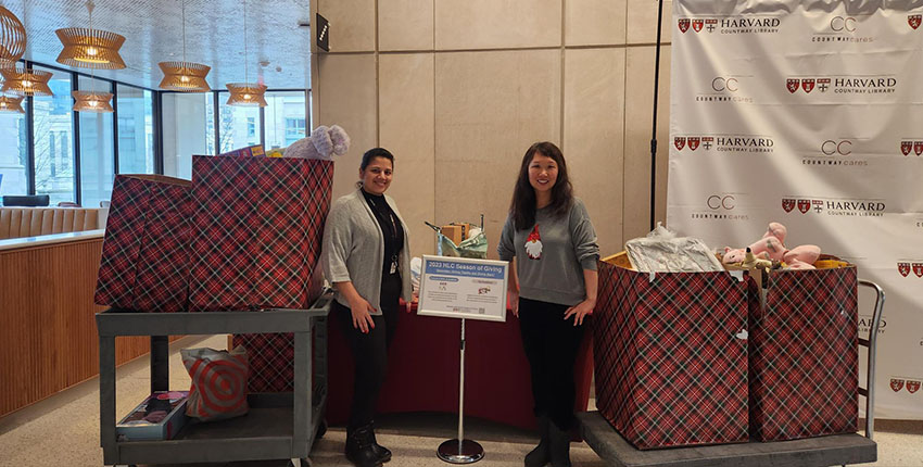 Two people posing with boxes full of donated children's toys