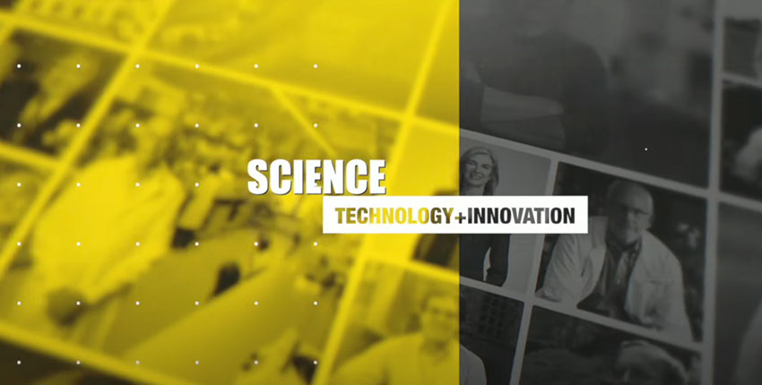 Screenshot of video. Title reading "Science Technology + Innovation" appears over a collage of various photos of scientists.