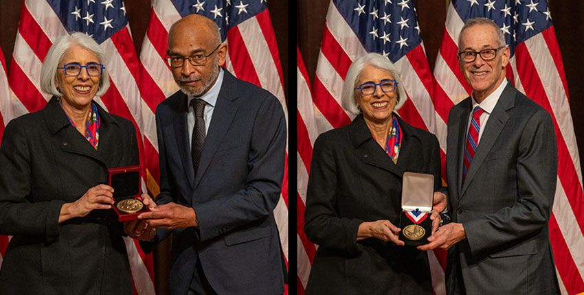 On the left, Emery Brown receives the National Medal of Science at the Eisenhower Executive Office Building in Washington, D.C. On the right, David Walt receives the National Medal of Technology and Innovation